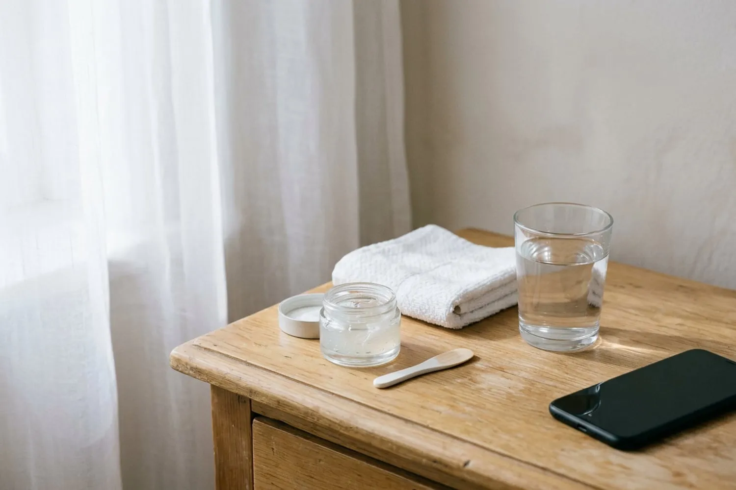 A bedside table in lamplight with a small open jar of gel cream, a folded white face towel and a glass of water, a phone lying face down at the far edge.