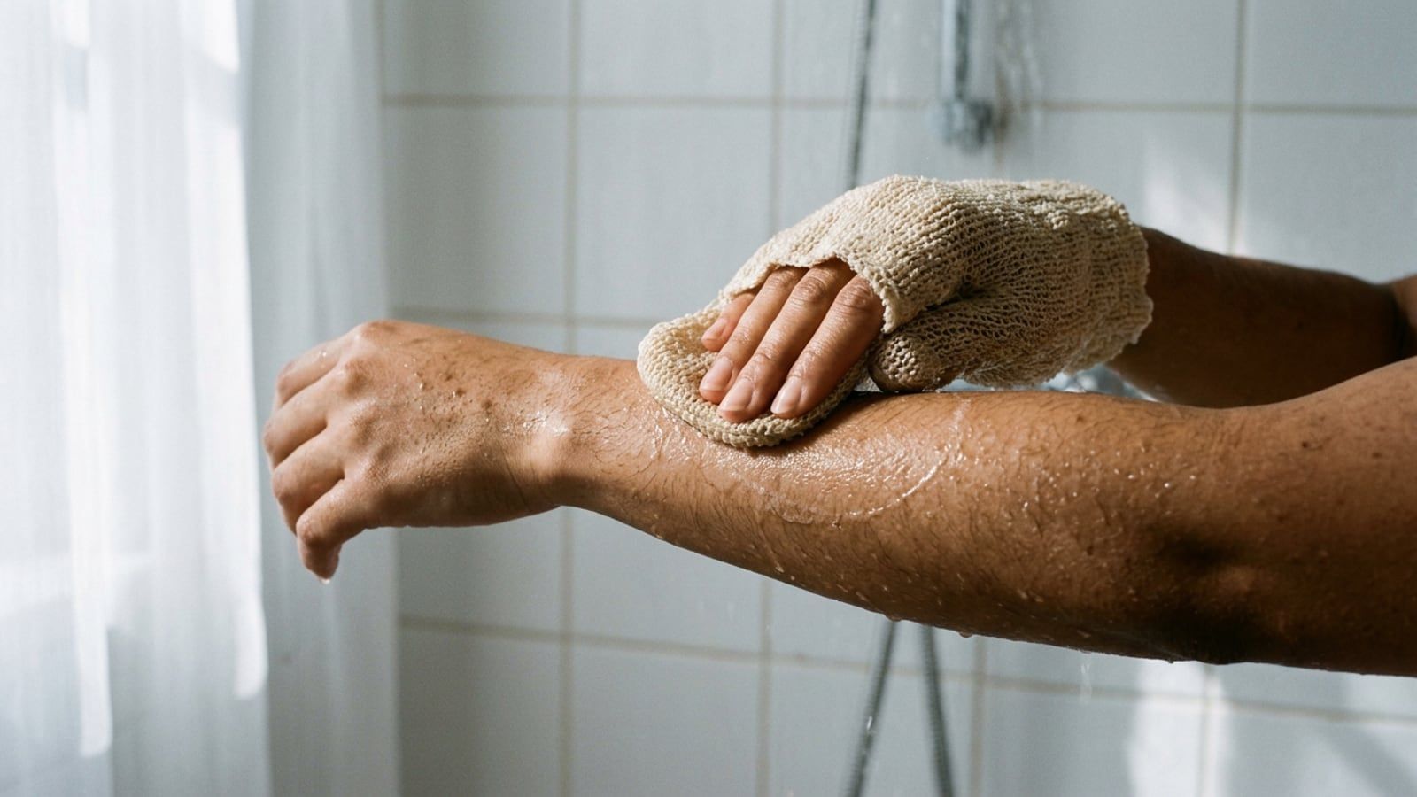 A hand in a damp beige exfoliating mitt moving in small circles over the back of a wet forearm in a shower, water drops on medium brown skin, white tiles softly blurred behind.