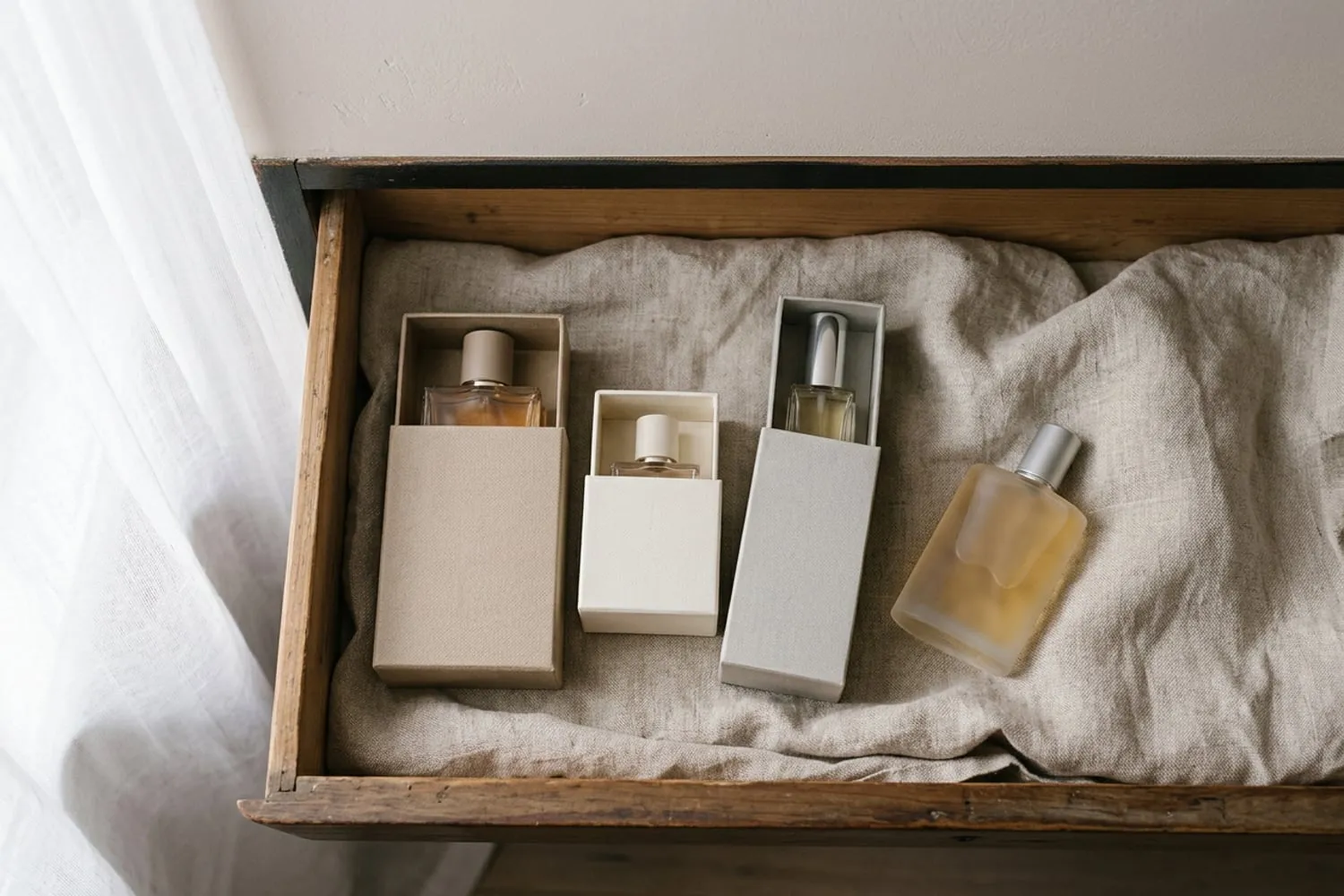An open dresser drawer lined with linen, holding three perfume bottles in their cardboard boxes and one frosted bottle lying on its side, seen from above in soft daylight.