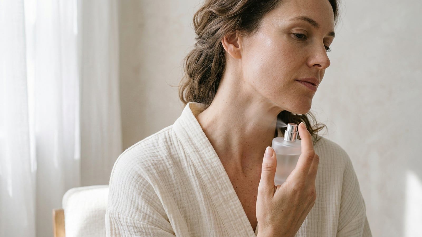 A woman in a cream cotton robe misting perfume onto the side of her neck from a frosted glass bottle held a few inches away, close crop from shoulder to jaw in soft morning window light.