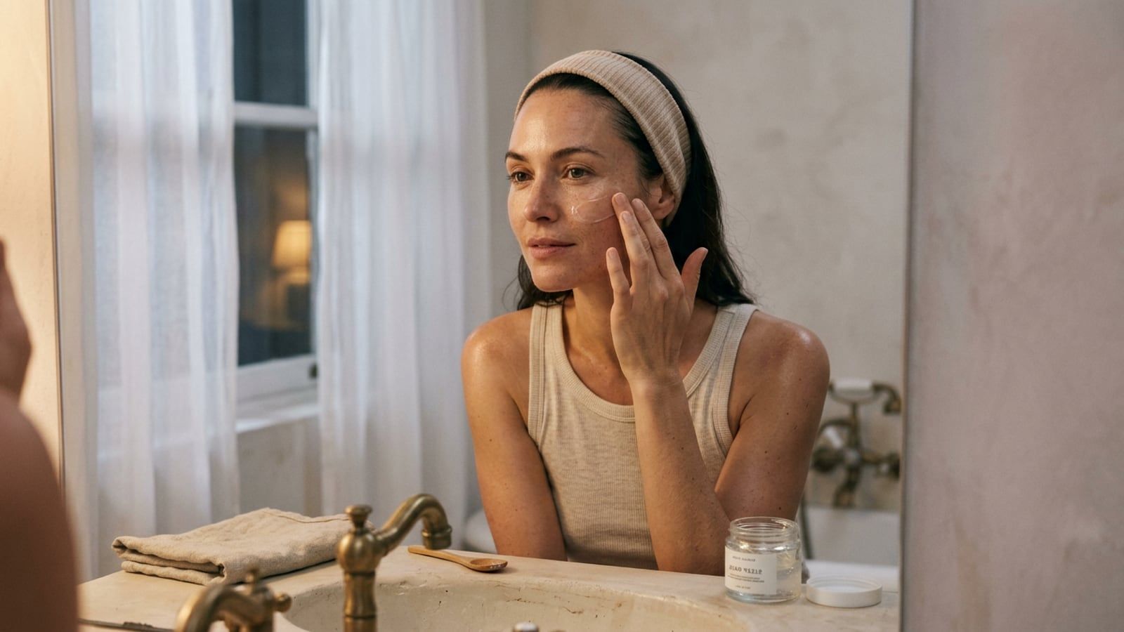 A woman in her thirties at a bathroom sink at night, hair held back with a soft headband, smoothing a thin layer of clear gel cream over her cheek with two fingertips; warm lamplight.
