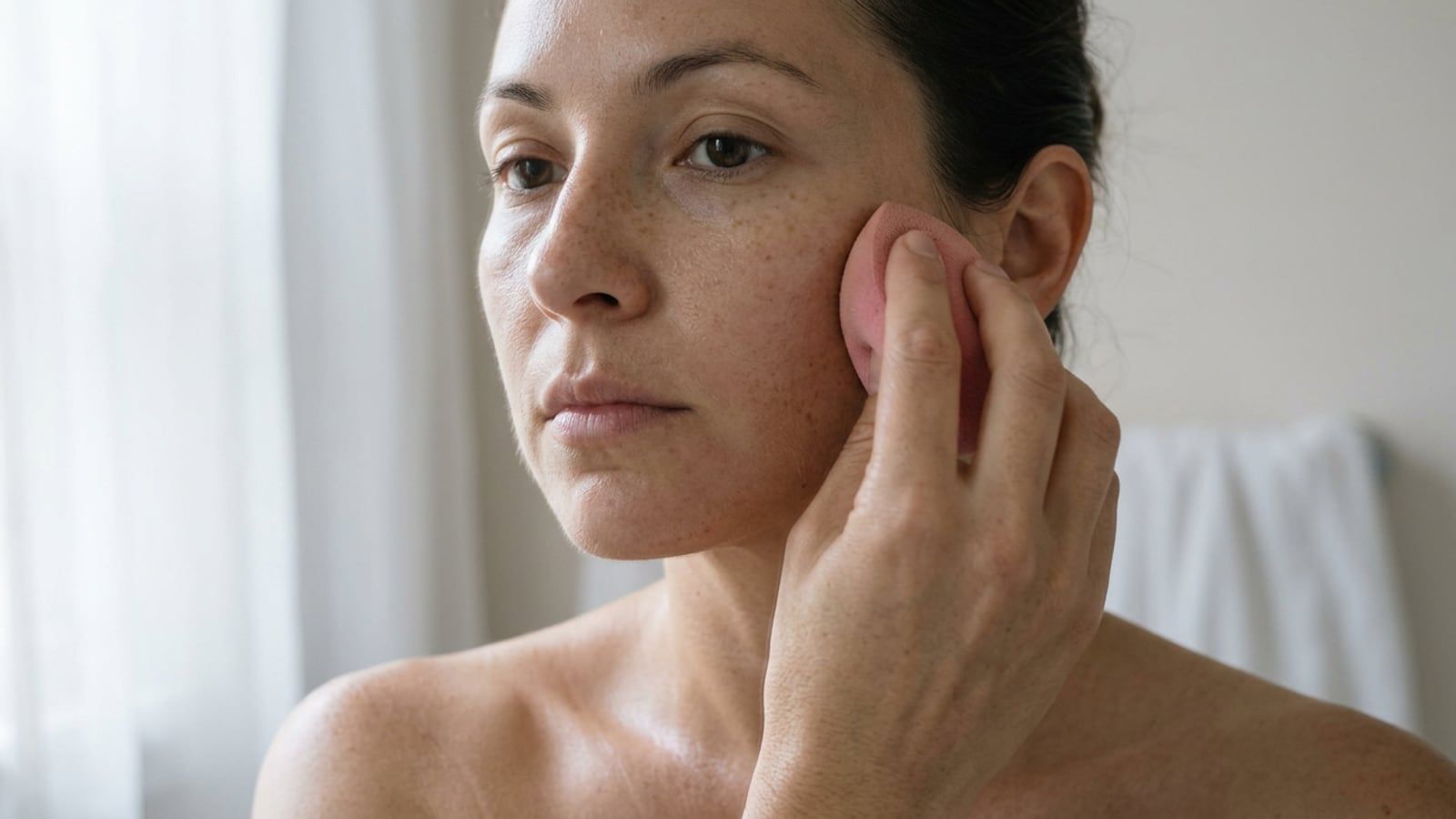 A woman in her thirties pressing a damp pink makeup sponge onto her cheekbone, close crop in bathroom window light; light olive skin with freckles showing through a sheer tint.