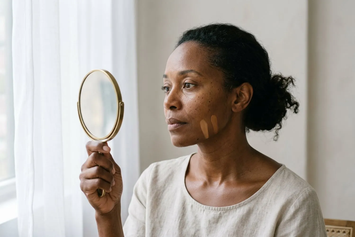 A woman in her forties by a window, holding a hand mirror up to her face and looking at two thin stripes of foundation along her jawline; deep brown skin, soft daylight, close crop