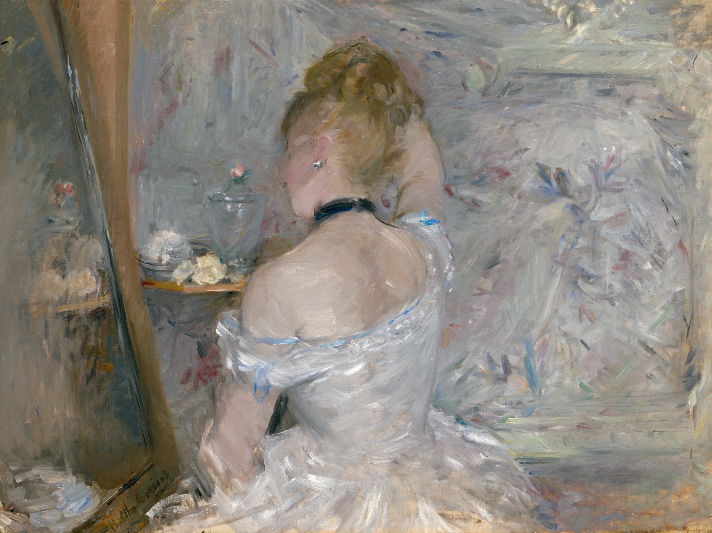 A woman seen from behind at her dressing table, a white gown slipping from her shoulders, one hand raised to her hair beside a tall mirror; painted in thin strokes of white, gray-blue and rose.