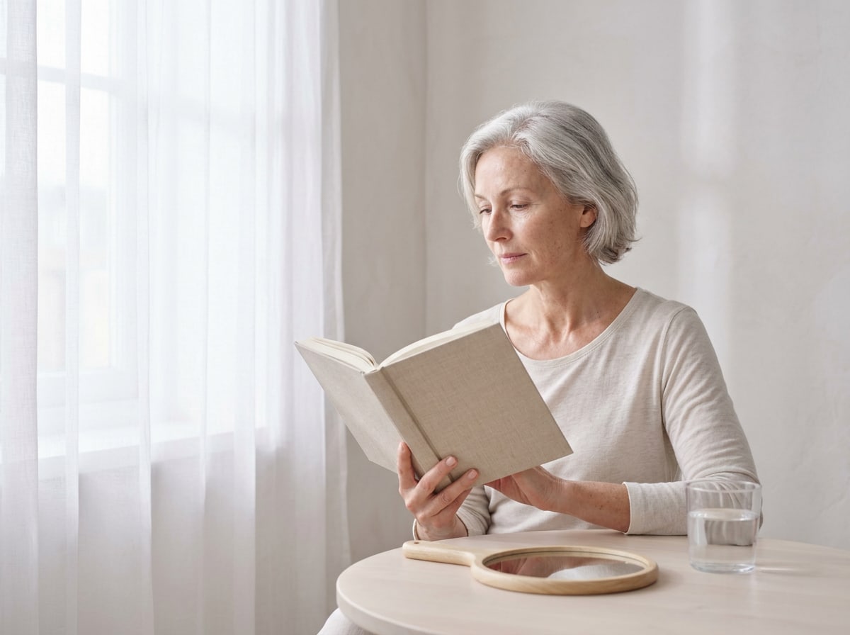 A woman in her fifties with short silver hair reads at a small table by a window hung with sheer voile, a hand mirror beside her.