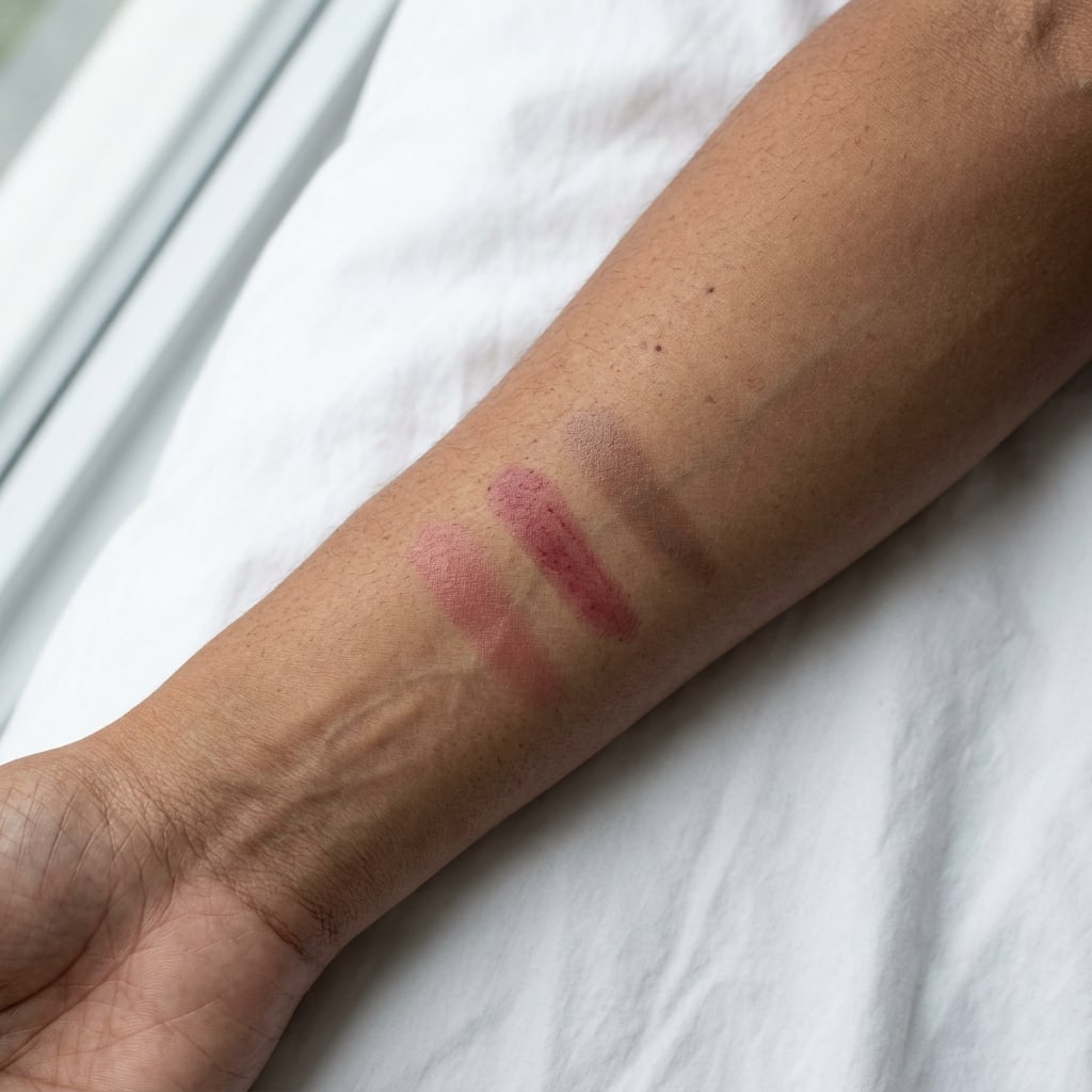 Three sheer swipes of color, rose, berry and taupe, on an inner arm; the skin shows through each one.