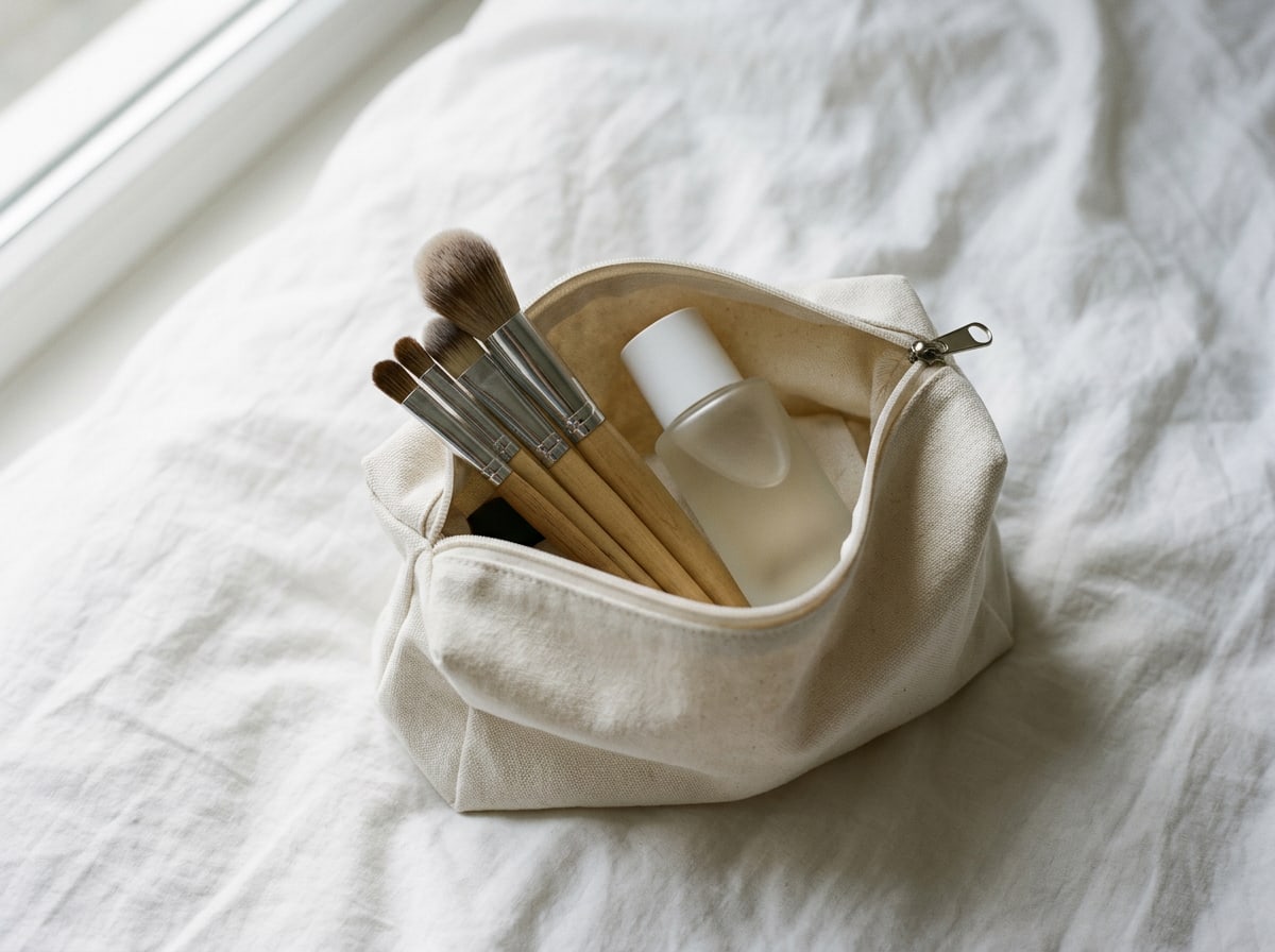 An open white canvas pouch holding brushes and a frosted-glass bottle on white cotton.