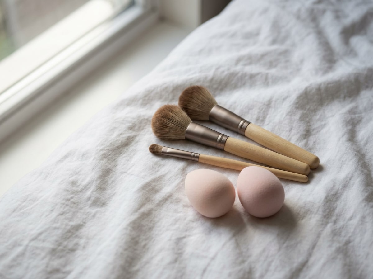 Three makeup brushes with pale wooden handles and two pale pink sponges on white cotton.
