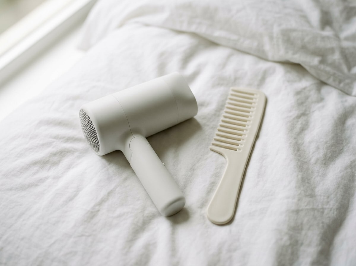 A matte white hair dryer and a wide-tooth comb on white cotton.