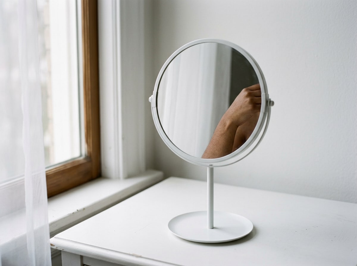 A round vanity mirror on a slim stand by a window.