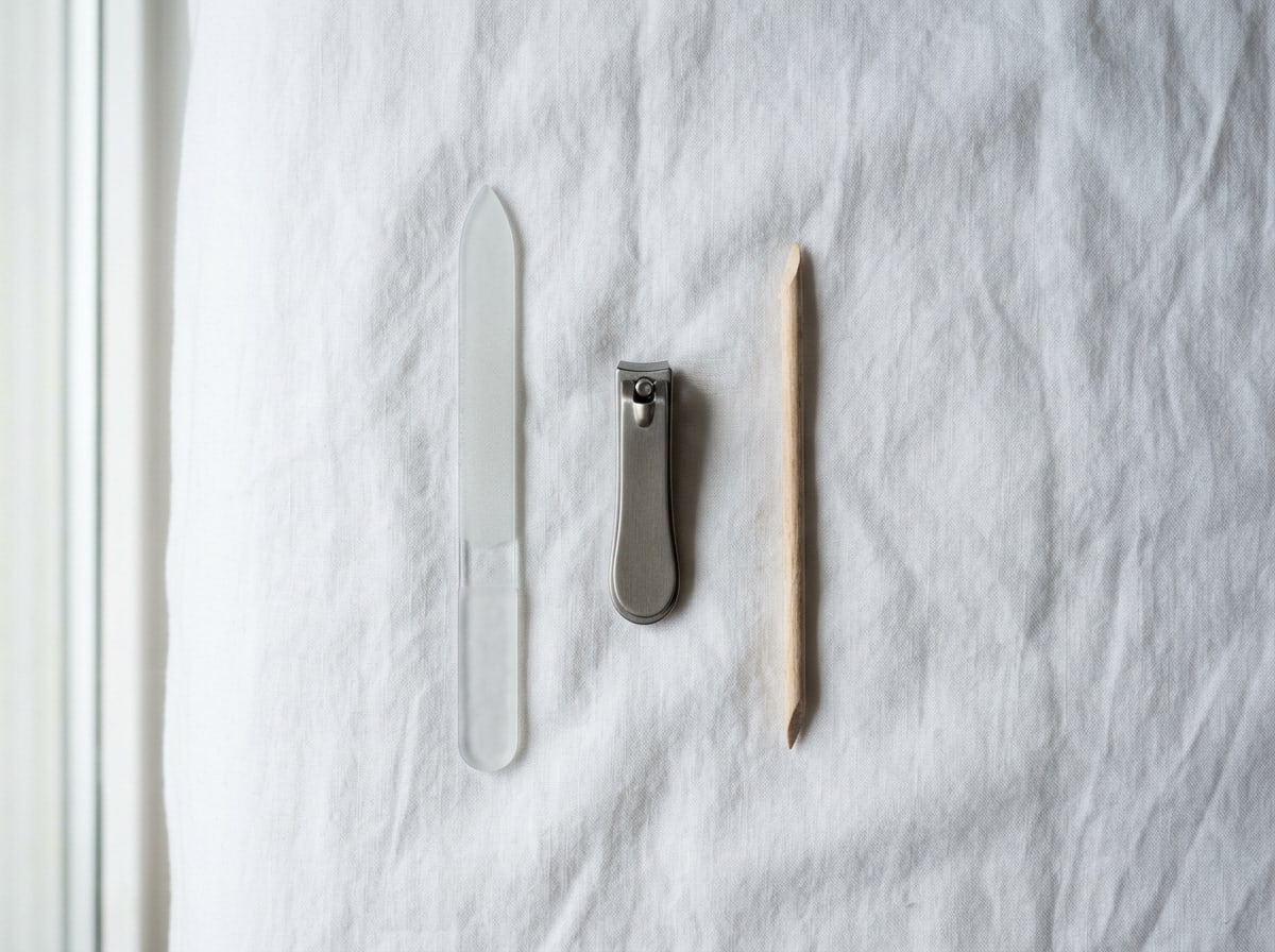 A glass nail file, a steel nail clipper and a wooden cuticle stick on white cotton.