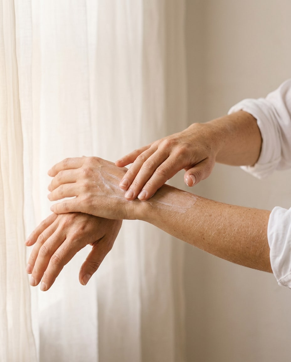 Hands smoothing lotion over a bare forearm and the back of a hand, the skin soft in window light.