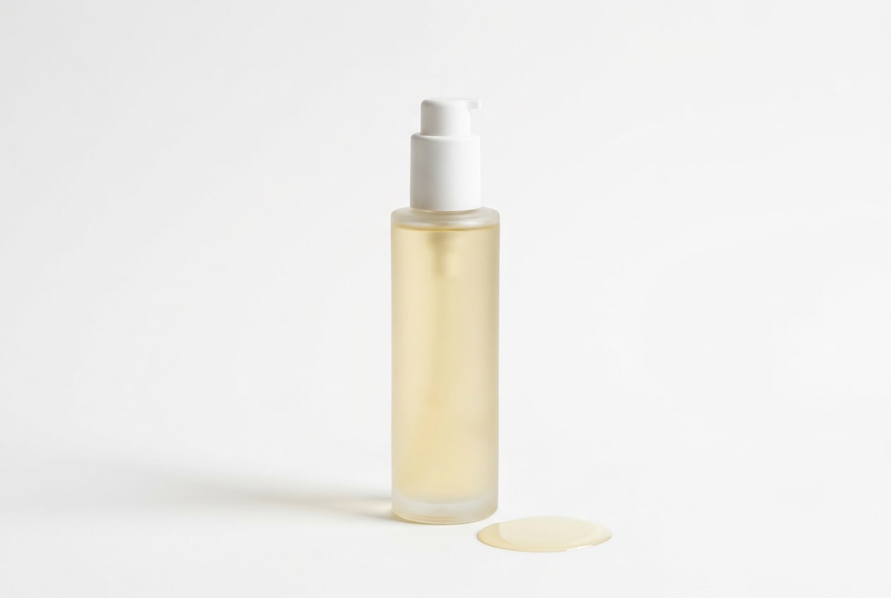Body Veil: a tall frosted-glass pump bottle of pale golden body oil, a small pool of oil beside it.