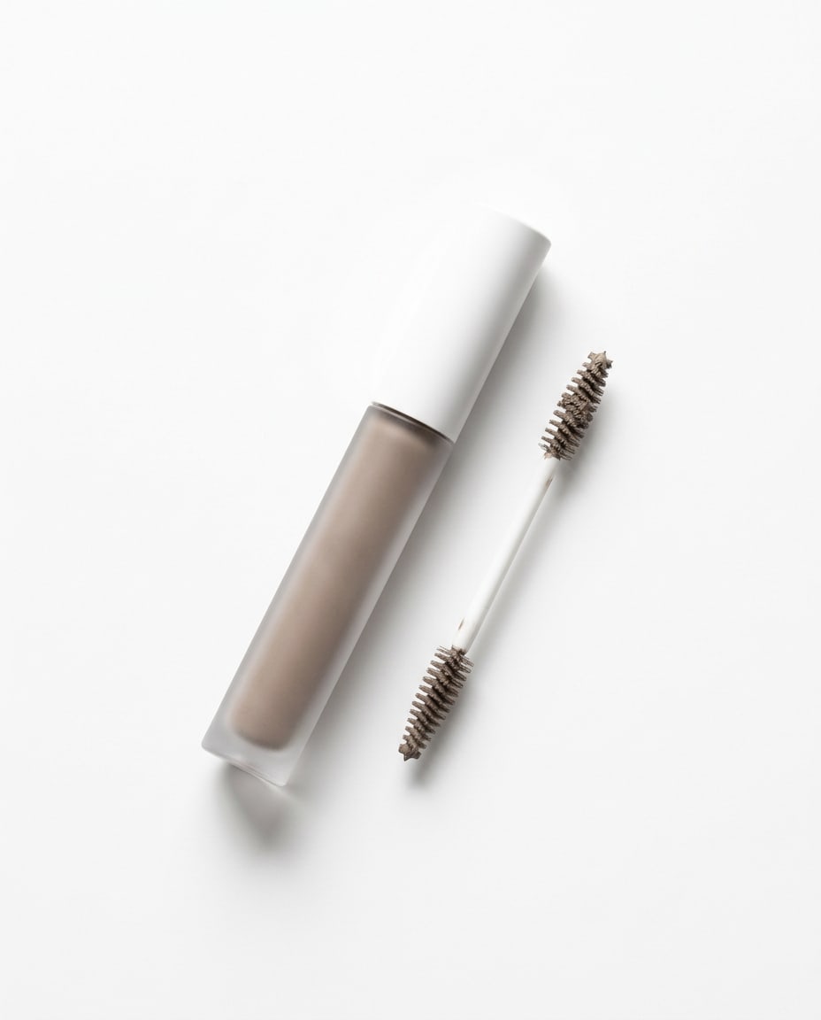 Brow Veil: a slim frosted tube of taupe brow gel with its spoolie wand beside it.