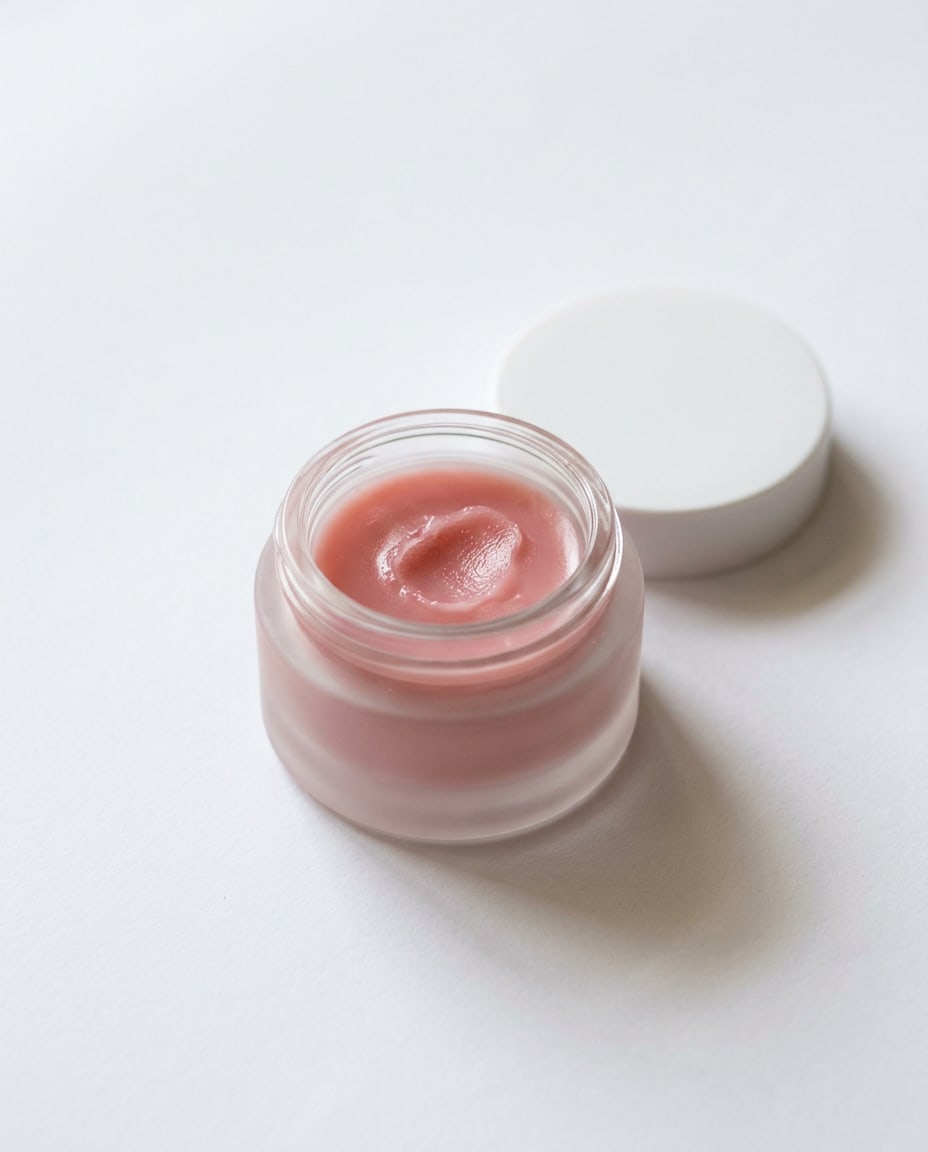 Cheek Veil: a small frosted-glass jar of sheer rose cheek gel, its lid resting beside it.