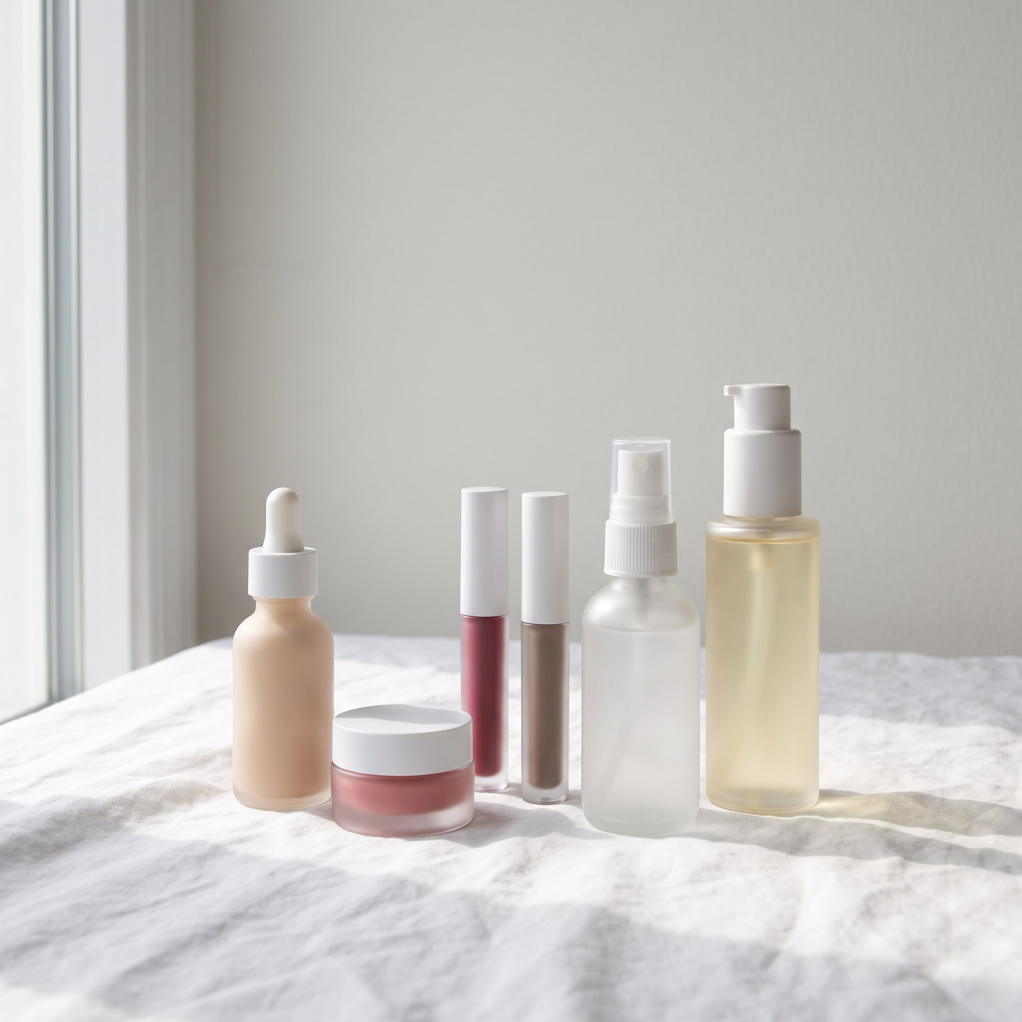 The six Veils in frosted glass standing together on white cotton, each holding its sheer color.
