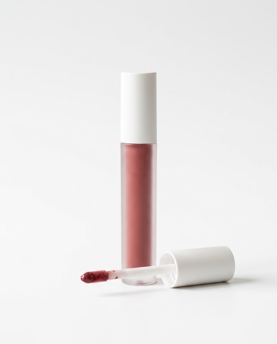 Lip Veil: a slim frosted tube of sheer berry lip tint with its doe-foot applicator in front of it.