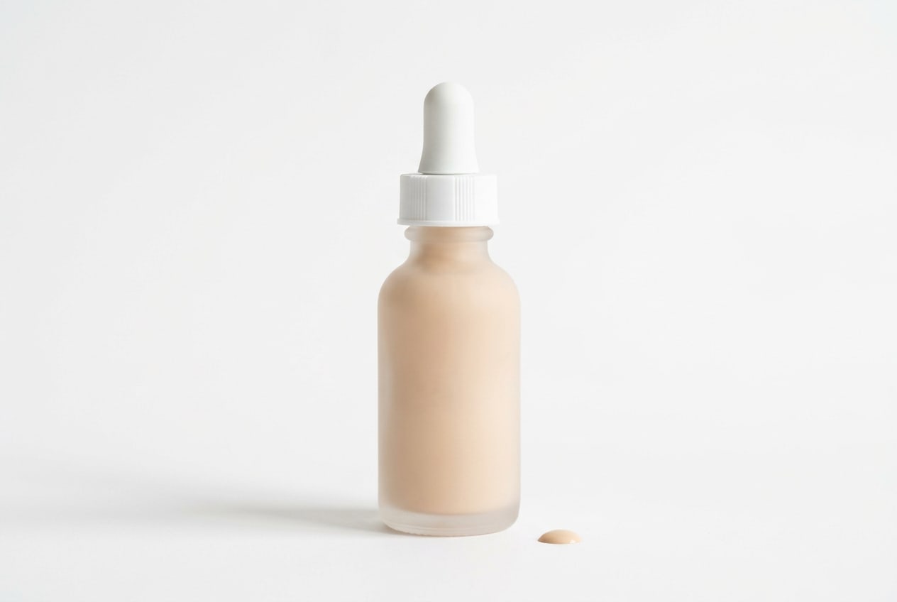 Skin Veil: a frosted-glass dropper bottle of sheer beige tint, with one drop of tint beside it.