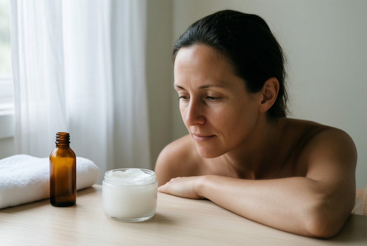 A woman with dark hair sits at a table looking down at coconut oil and an amber bottle in soft natural light.
