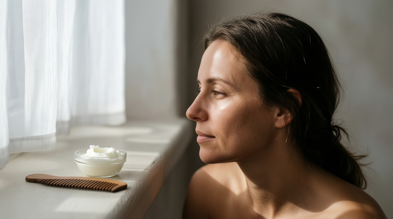 Coconut oil and a wooden comb sit on a windowsill near a woman with natural skin texture, illuminated by soft daylight.