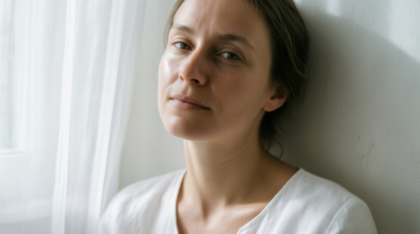 Young woman with natural skin texture sits in soft light wearing a white linen top.