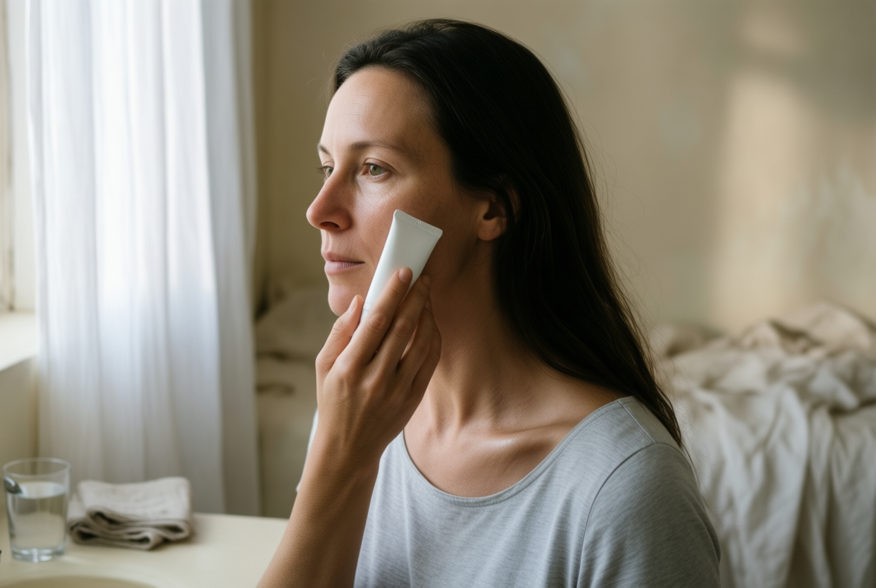 A woman applies sunscreen at a vanity in soft morning light, wearing a grey top with natural skin texture visible.