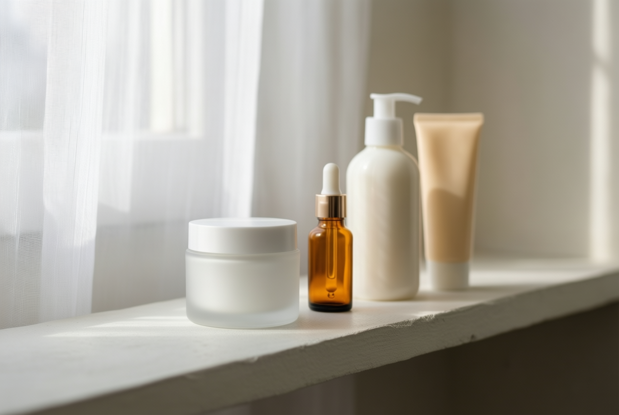 Four blank skincare containers sit on a pale shelf, lit by soft natural daylight.