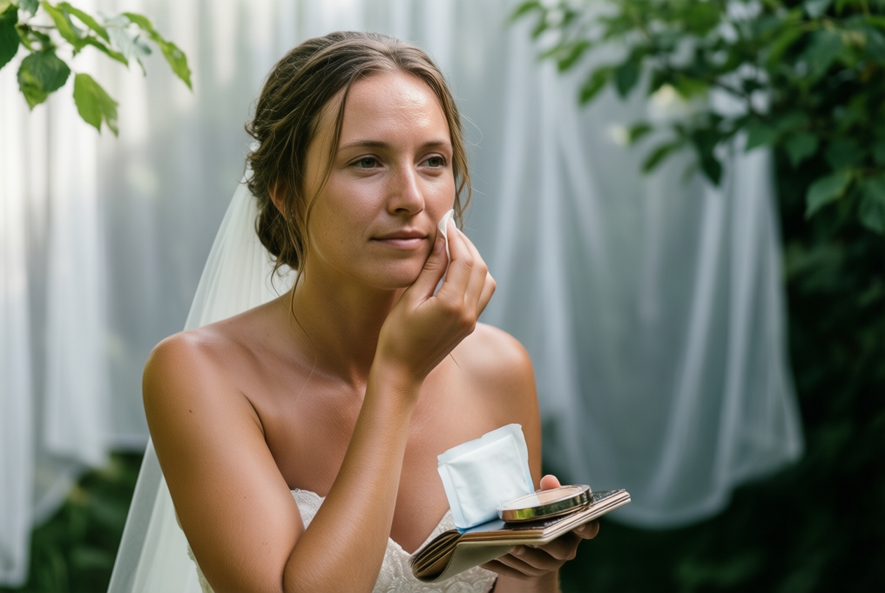 A bridesmaid presses a blotting sheet to her sweaty cheek in a humid garden, with sheer voile drapes and blurred greenery behind her.