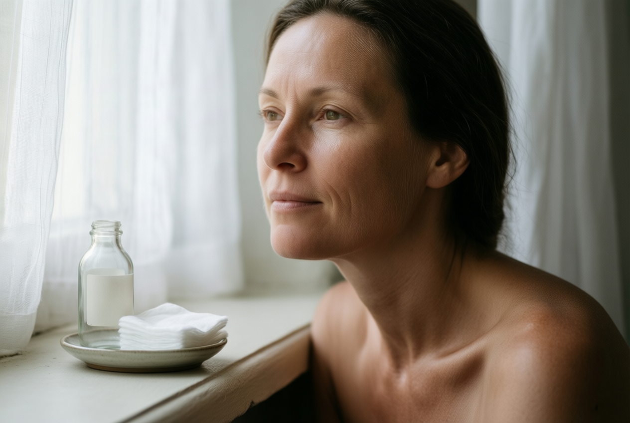 A woman sits at a window sill with natural skin texture, beside a blank bottle and cotton pad.