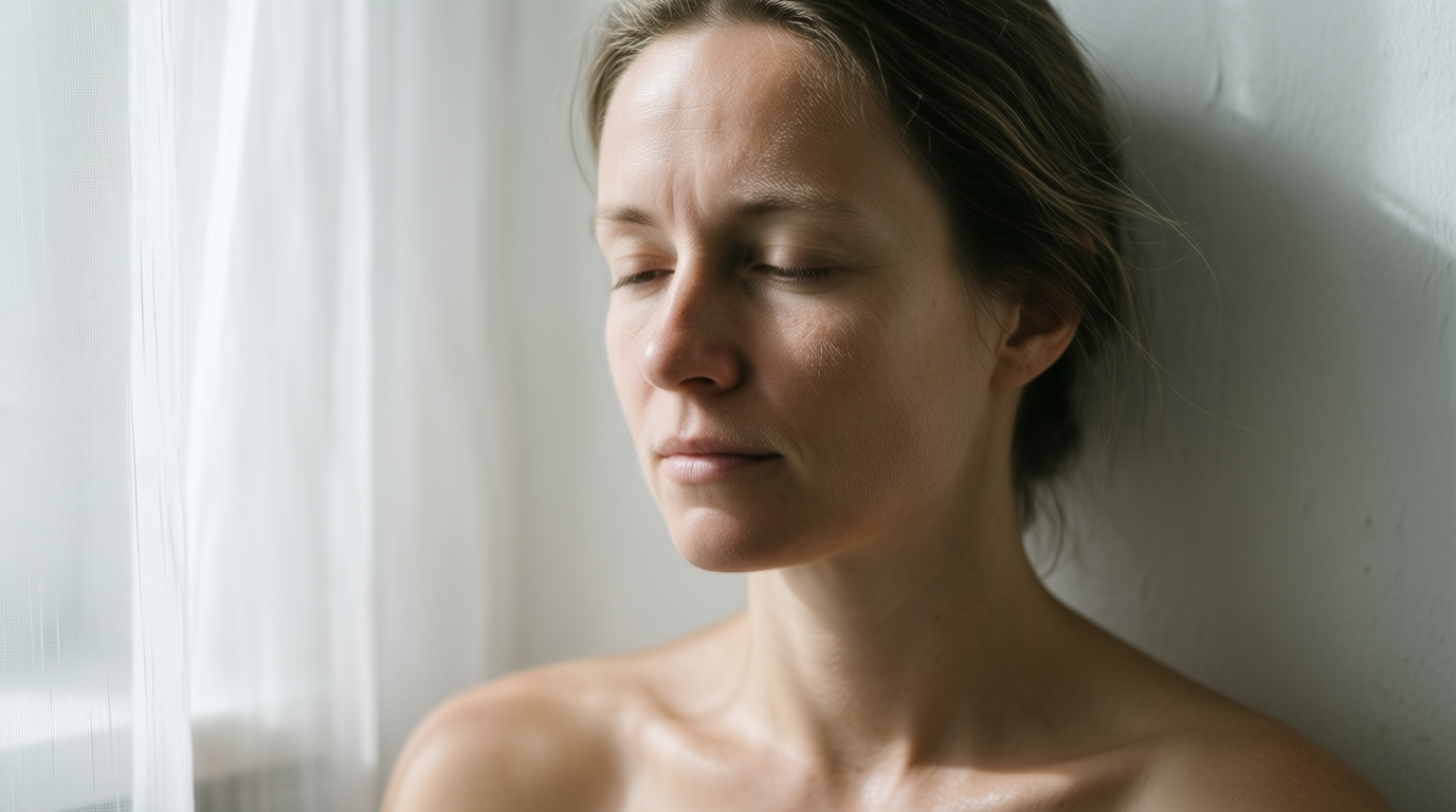 A young woman with natural skin sits by a wall, eyes closed in soft light.