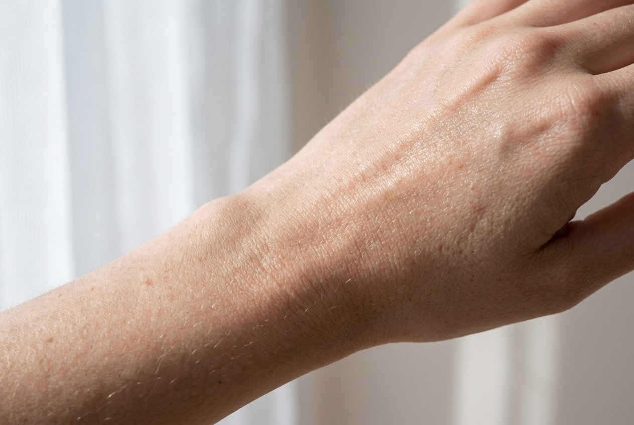 Close-up of dry skin cells forming a waterproof barrier, styled in soft natural light with unretouched features.