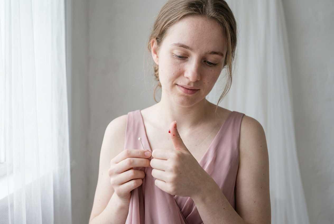A bridesmaid pricks her thumb on a pin, drawing blood.