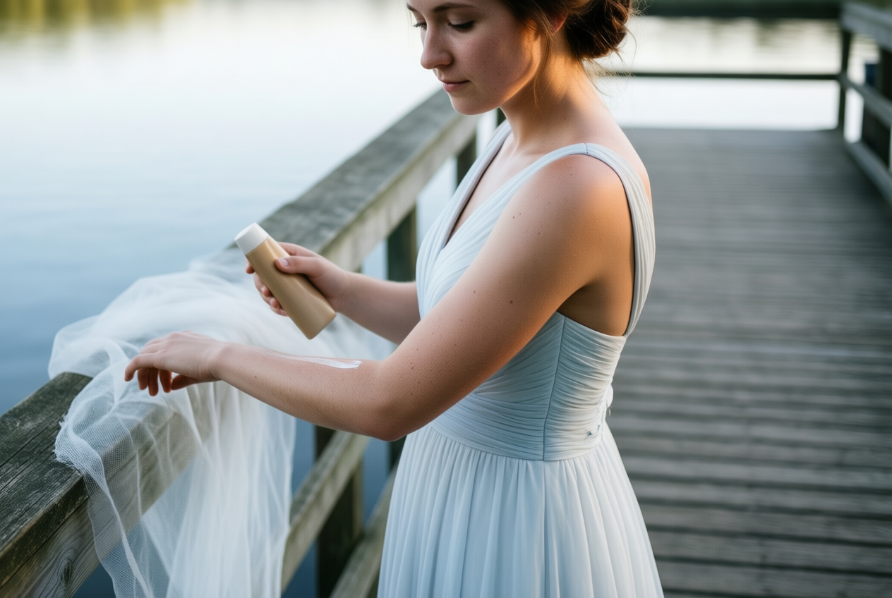 A woman applies sunscreen on a wooden dock, her bare shoulder and natural skin visible in soft daylight.