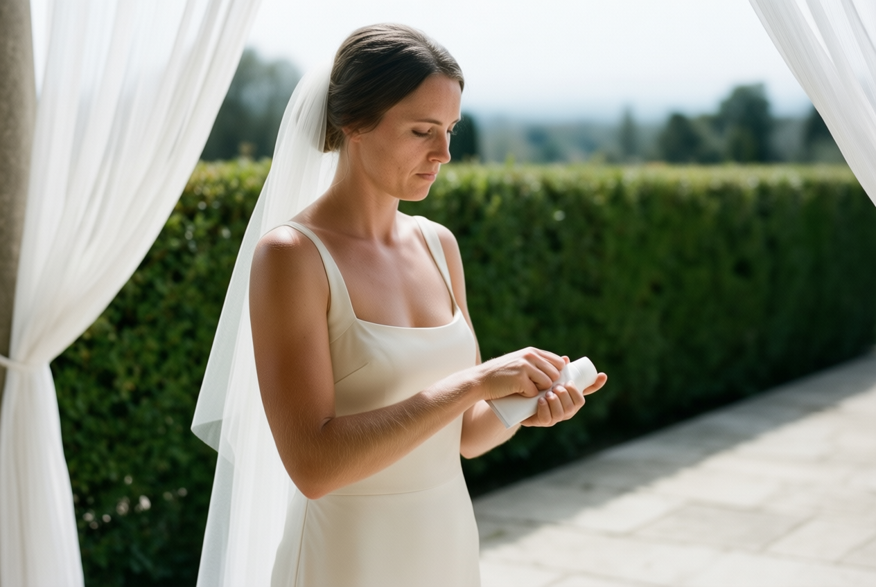 Bride in ivory gown and short veil applies sunscreen on a terrace, showing natural skin texture.