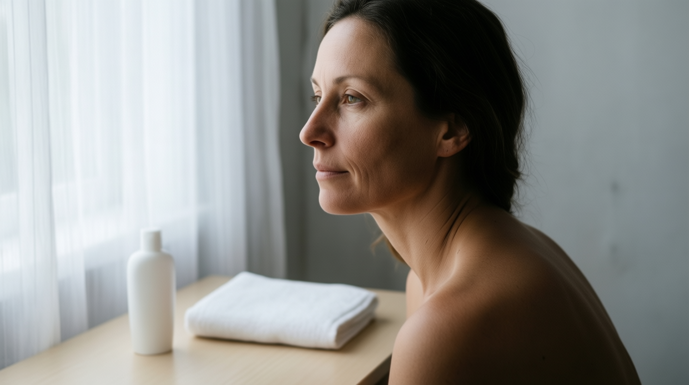 A woman sits by a window in a pale room, her bare shoulder and unretouched skin illuminated by soft natural light.