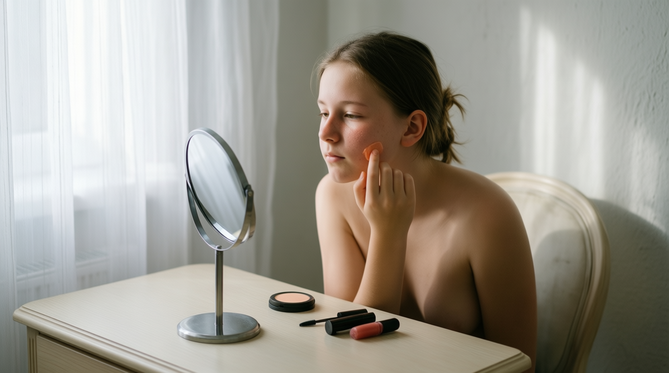 A teenage girl applies peach blush to her cheek while looking into a mirror at a wooden vanity.