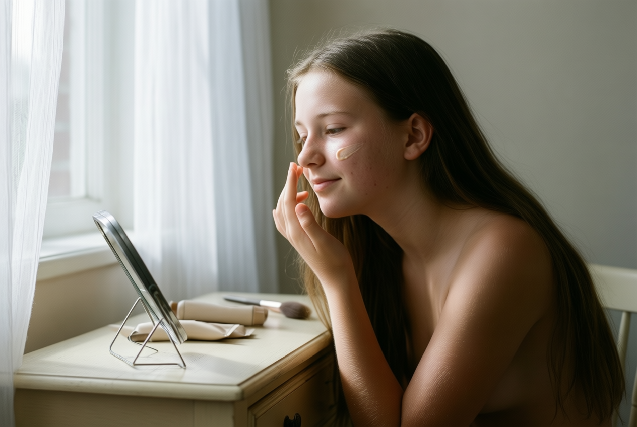 A teenage girl with natural skin sits at a vanity, applying moisturizer while looking in a hand mirror.