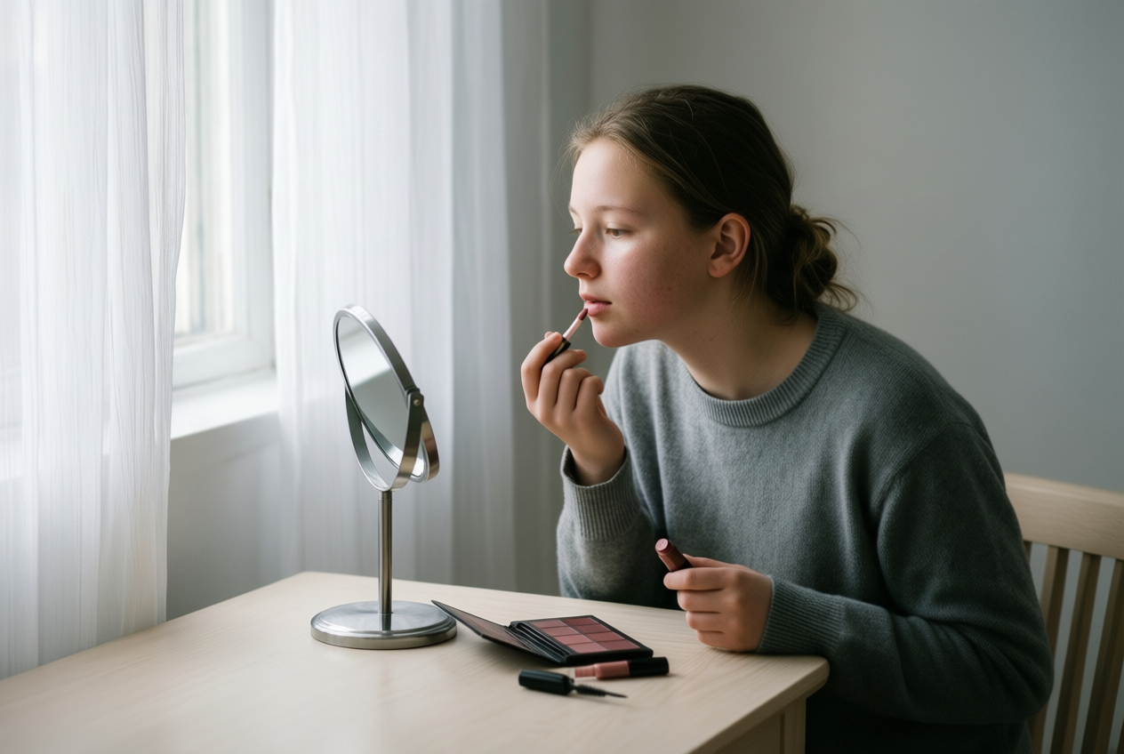 A teen girl with freckles applies lip tint at a wooden table, surrounded by makeup products in soft natural light.