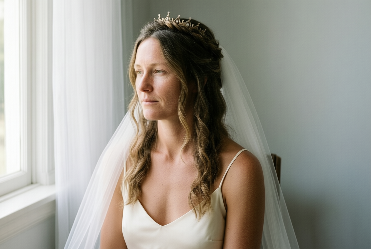 Bride with half-up wavy hair and freckled skin sits near a window in an ivory silk slip, natural light highlighting her bare shoulders.