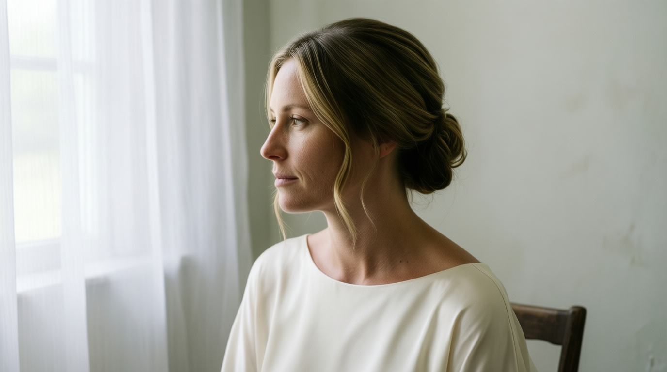 A bride with a low chignon and natural skin sits in an ivory dress near a window, bathed in soft daylight.