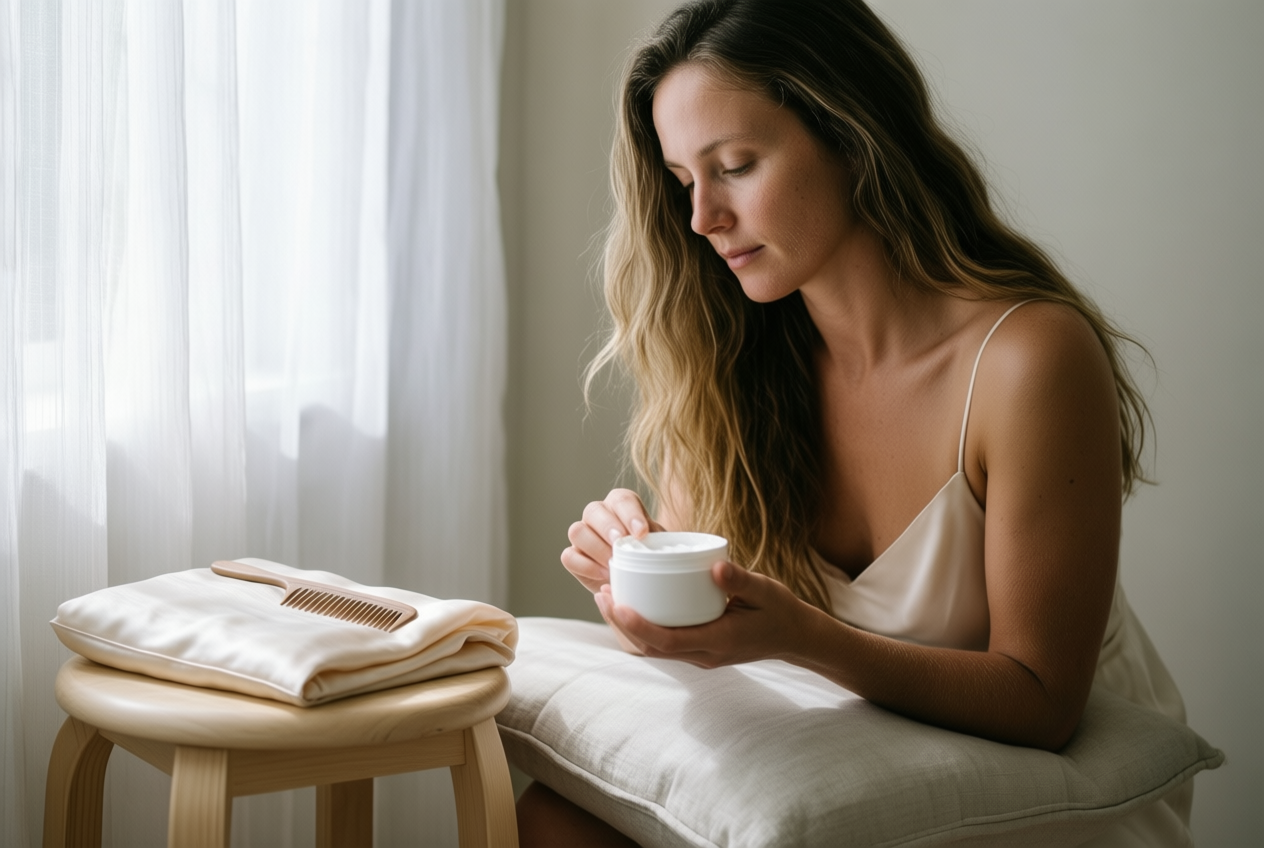 Young woman with natural skin texture sits by a window holding conditioner, surrounded by hair care items.