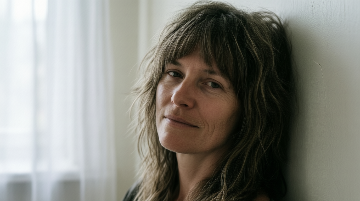 A woman with a textured wolf cut and natural skin sits against a pale wall, turning toward the camera in soft daylight.