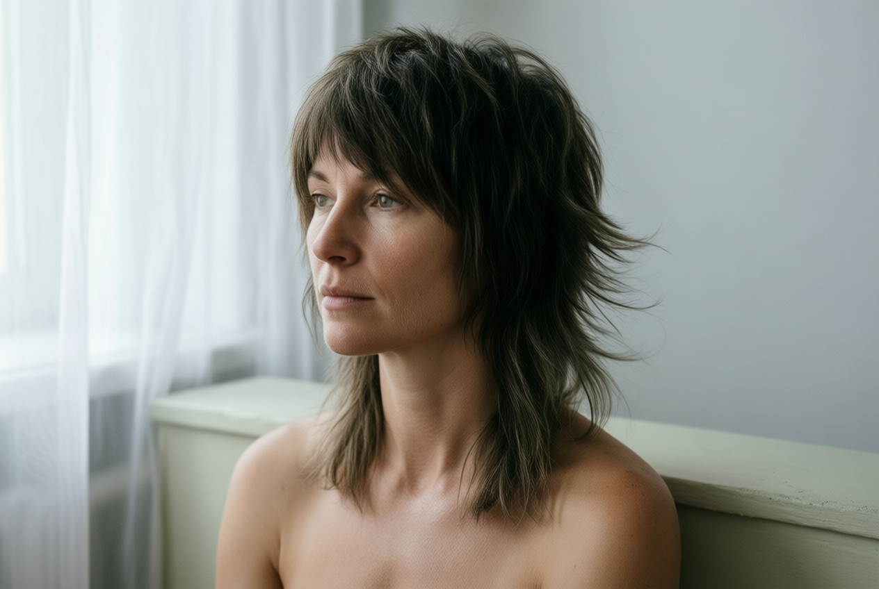 A woman with a shaggy wolf cut sits on a bench, looking to the side in soft natural light.