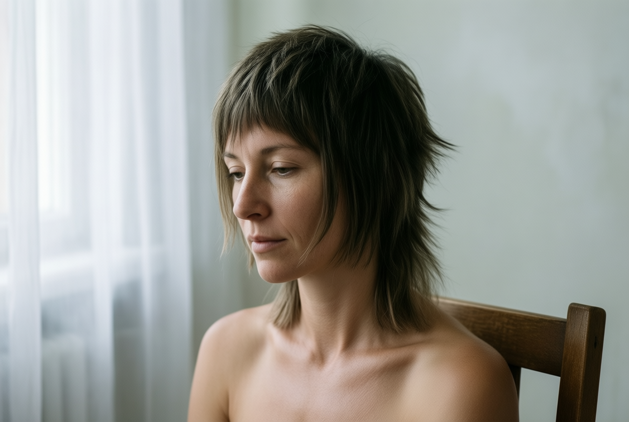 A woman with a shaggy wolf cut and curtain fringe sits thoughtfully in soft natural light, her unretouched skin showing natural texture.
